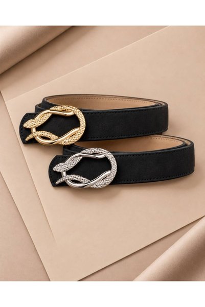 2-Pack Gold and Silver Snake Buckle Suede Leather Women's Trouser Belt, Jacket Belt, Dress Belt, Shirt Belt