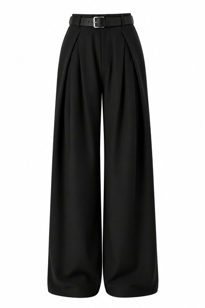 Mink Pleated Wide Leg Trousers with Belt and Pockets - 2Y4073