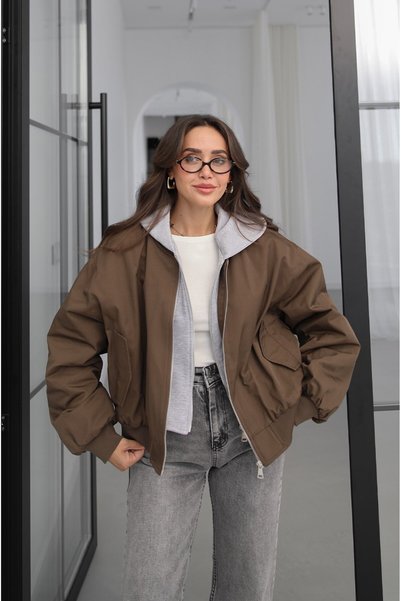 Brown Hooded Double Layer Bomber Coat