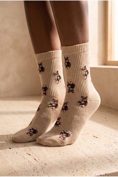 Unisex Teddy Patterned Cotton Socks Beige