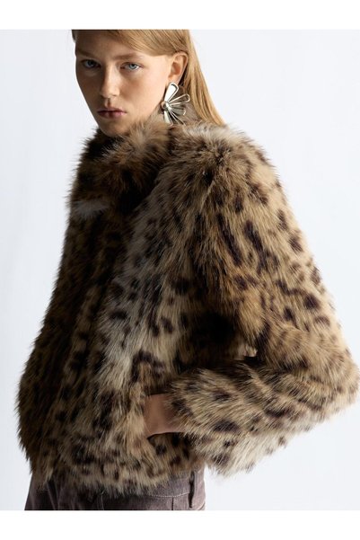 Women's Animal Patterned Faux Fur Effect Coat