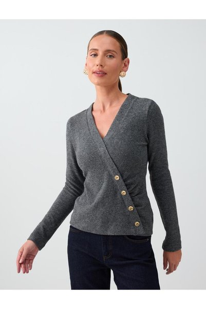 Anthracite Melange Double-Breasted Collar Button Detailed Soft Touch Blouse