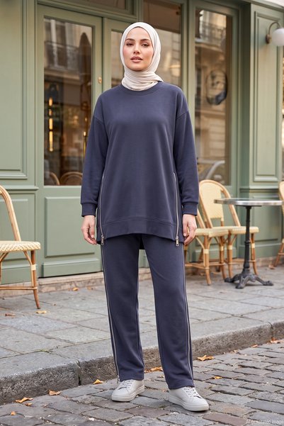 Bora Blouse Set with Zipper Detail on the Sides 177 Navy Blue