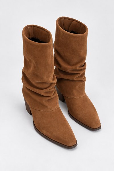 Tan Suede Women's Suede Textured Drawstring Boots