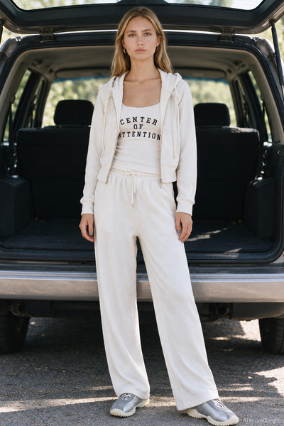 Elastic Waist Lace-Up Wide Leg Sweatpants Ecru