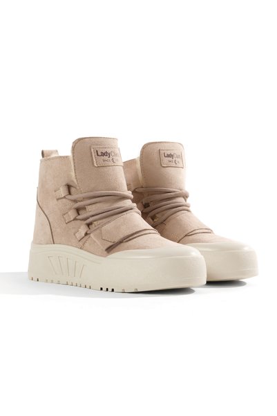 Women's Beige Fur Lined Daily Lace-Up Boots