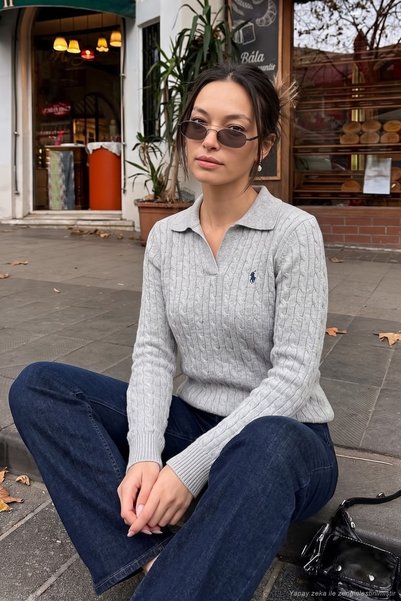 Embroidered Hair Braided Knitwear Polo Collar Sweater Women's Polo Collar Sweater 680Kz1531