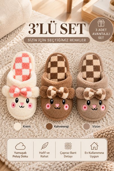 Women's 3-Piece Cream Mink Brown Shy Rabbit Detailed Plush Fur 3 cm Sole Winter House Slippers Set Byndmtftav01