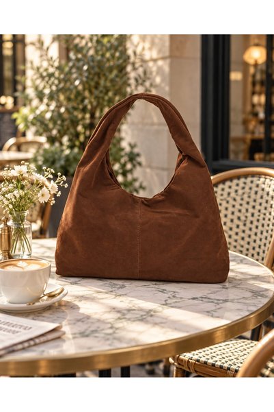 Brown Suede Shk356 Vintage, Soft Form, Wide Shopper, Women's Shoulder Bag