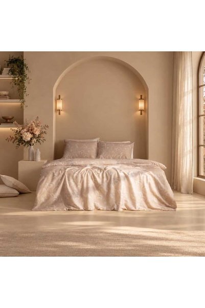 Soft Lidya Digital Printed Cotton Satin Double Duvet Cover Set - Beige