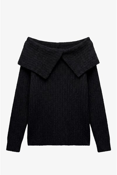 Black Slit-Cut Madonna Collar Sweater