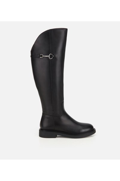 Women's Leather Black Buckle Detailed Over-The-Knee Flat Boots