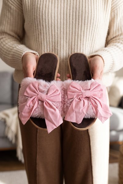 Women's Powder Plush Furry Big Bow Home Slippers - Soft Sole Comfortable Indoor Slippers