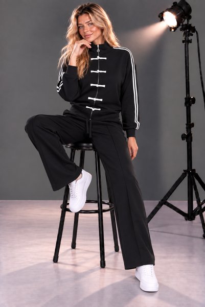 Black Fabric Soft Touch Tracksuit Set with No-Knee Trim and Ornamental Buttons