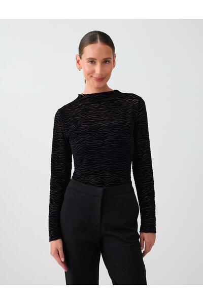 Black Zebra Patterned High Neck Long Sleeve Mesh Blouse