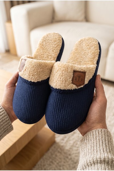 Men'S, Corduroy Fabric, Plush Detailed, Closed Toe, House Slippers