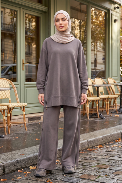 Bora Blouse and Trousers Set with Side Zipper Detail 177 Gray