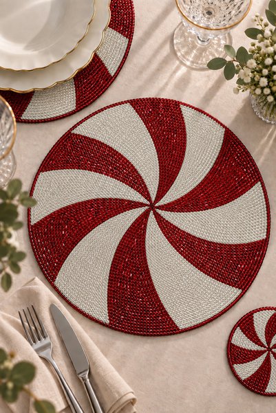 Beaded American Service Set of 2 Round Plates 36X36 cm Burgundy White