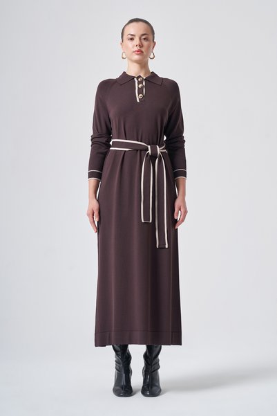 Button Detailed Belted Knitwear Rayon Dress 802 Brown