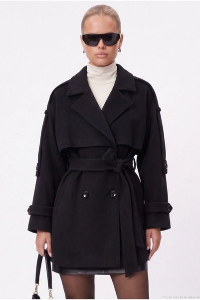 Women's Jared Lined Belted Double-Breasted Oversize Cashmere Black Jacket/Mantle