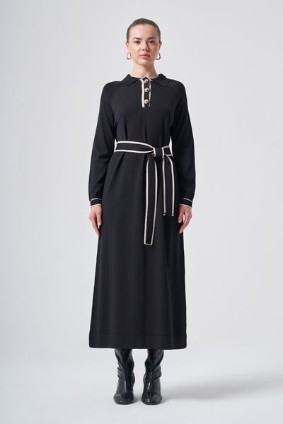 Button Detailed Belted Knitwear Rayon Dress 802 Black