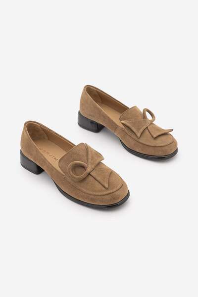 Women's Genuine Leather Folded Bow Detailed Loafer Casual Shoes Sanero Camel Suede