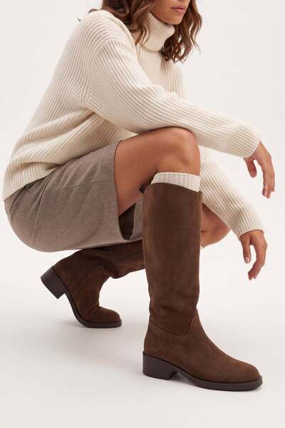 Women's Knee-Length Zippered Daily Boots Maypos Light Brown Suede