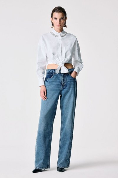 Navy Blue Wide Leg 5-Pocket Denim Trousers