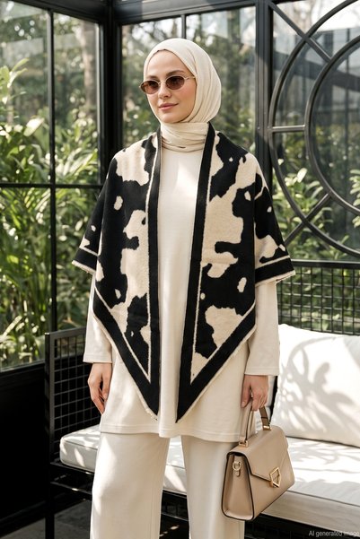 Women's Patterned Triangle Shawl with Cashmere Texture 1312 Black