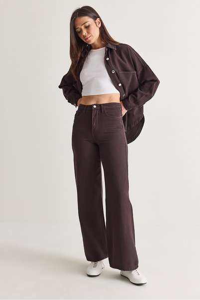 Women's Dark Brown High-Waisted Slim Fit Wide-Leg Denim Pants Yp4363 60286688