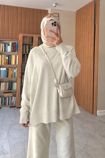 High Collar Bat Sleeve Knit Sweater Natural