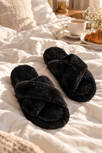 Women's Black Cross-Strapped Plush House Slippers