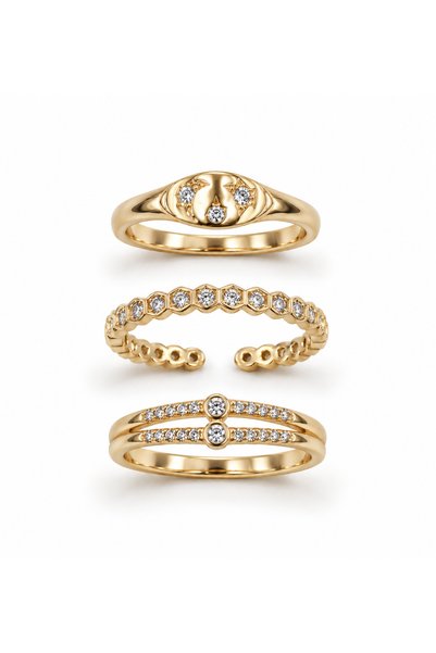 Steel 3-Piece Moon and Star Ring Set