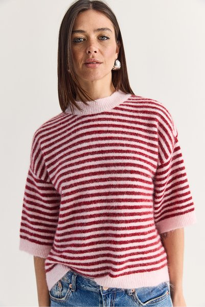 Women's Powder-Pink Striped Crew Neck Half Sleeve Embroidered Oversize Knitwear Sweater 5282 60286698