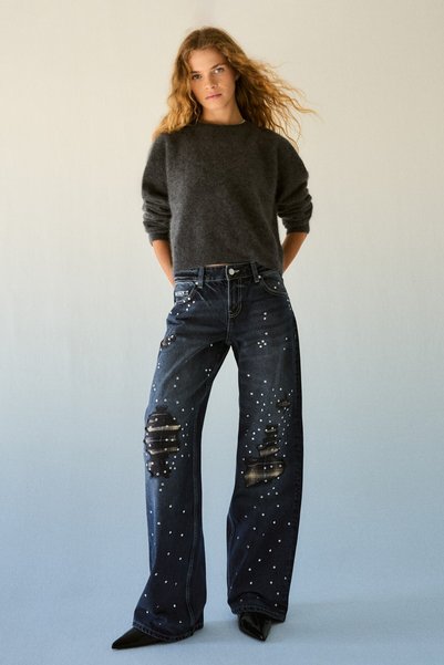Ripped and Studded Low-Waist Straight Fit Jeans