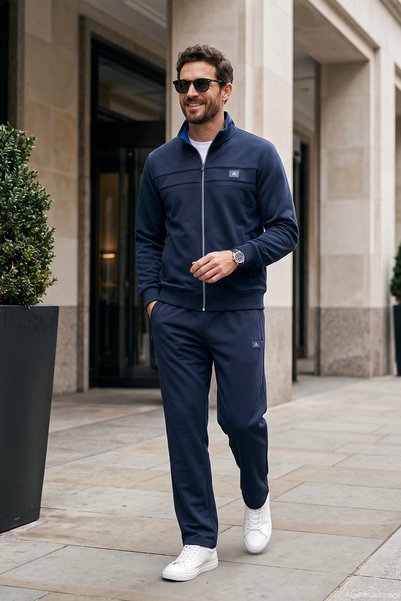 Men's Camisole Model Two-Pocket Jacket Flat Bottom Tracksuit Set 2711 Navy Blue-Navy Blue