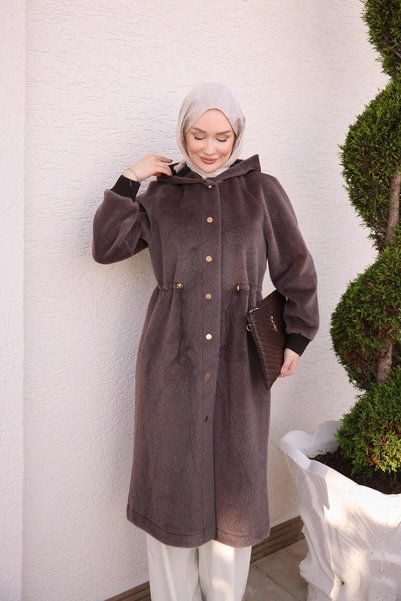 Brown Waist Stopper Elastic Hooded Long Fox Coat