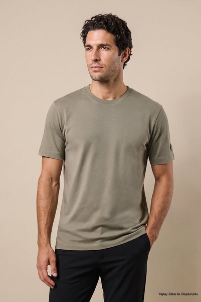 Men's Light Khaki 100% Cotton Crew Neck T-Shirt with Patch Logo Detail on the Sleeve