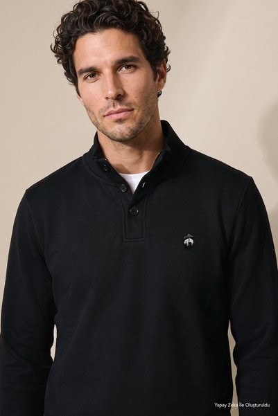 Men's Black 100% Cotton Bato Collar Button Detailed Sweatshirt