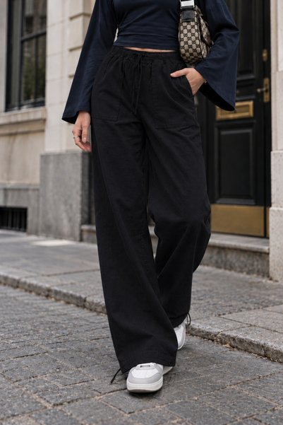 Women's Black Relaxed Draped Pants with Pockets