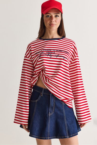 Women's Red-Navy Blue Text Printed Striped Crew Neck Oversize Long Sleeve Sweatshirt 2389 60286694
