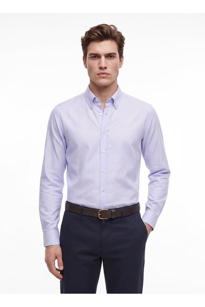 Ace201271115 White Blue Men's Button-Down Collar Dobby Slim Fit Shirt