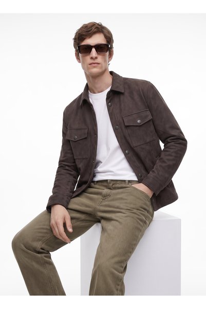 W2620022 Khaki Men's Regular Fit Suede Jacket