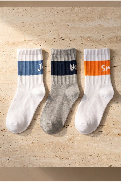 Women's 3-Piece Written Stripe Patterned Cotton Socks Multi-Colored