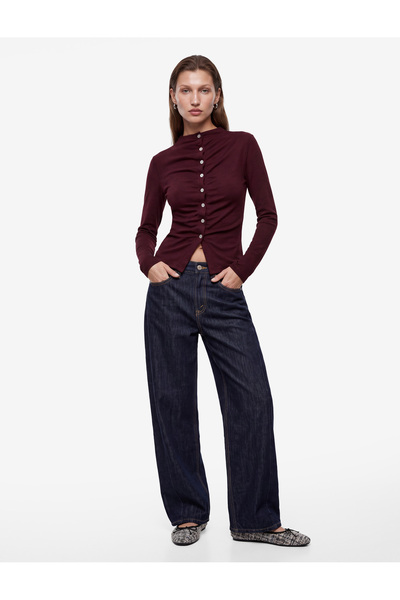 Slim Fit Long Sleeve High Neck Draped Buttoned Blouse