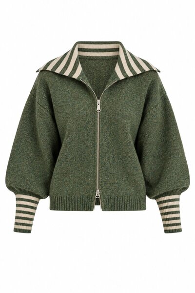 Khaki - Mink Cuff Collar Striped Cardigan - 261088