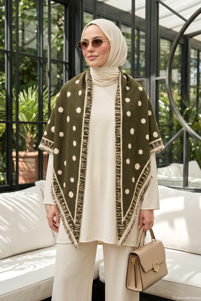 Women's Polka Dot Patterned Cashmere Textured Triangle Shawl 1310 Khaki