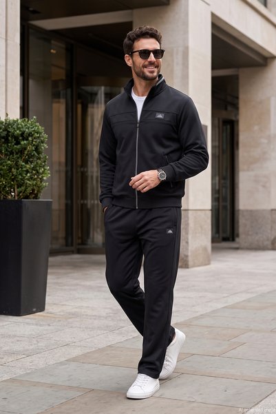 Men's Camisole Model Two-Pocket Jacket Flat Bottom Tracksuit Set 2711 Black-Black