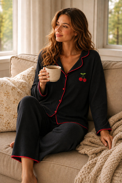 Bürümcük Knitted Black Long Sleeve Embroidery Detailed Comfortable Fit Women's Buttoned Pajama Set