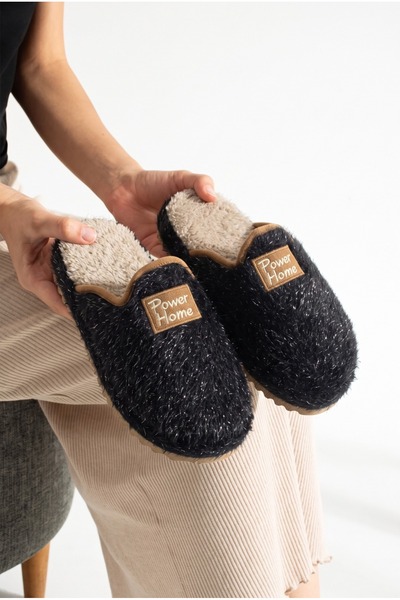 Women's Black Glitter Detailed Plush Winter House Slippers Byndpwrhome01